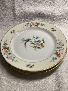 2  Bread plates Porcelain Cream with Multicolor Bird Motif 7 3/4” Heinrich & Co
